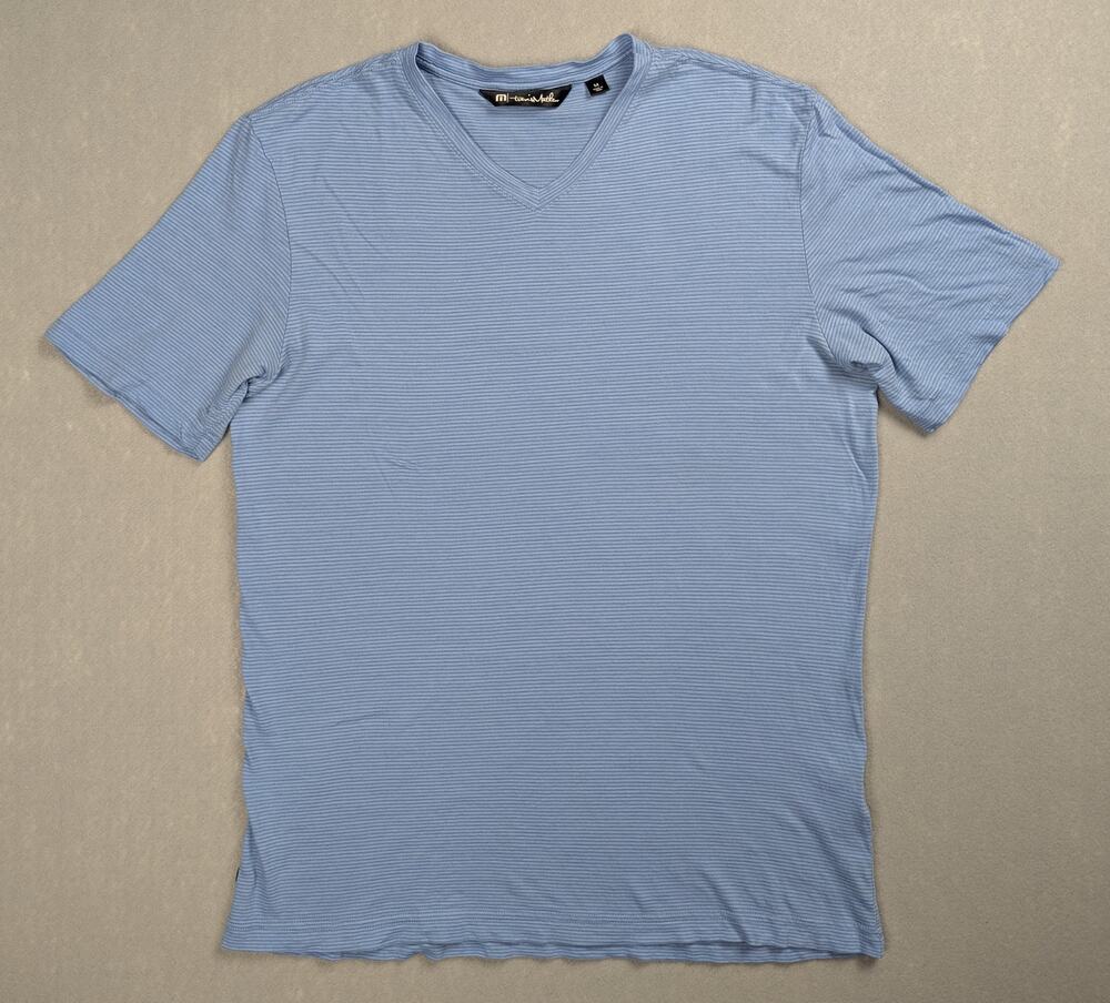 TravisMathew "Trumbull" V-Neck T-Shirt | Men's Size Medium Blue Micro Stripe